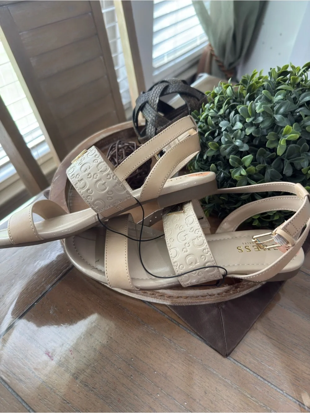 GUESS Beige/Cream Embossed Logo Ankle-Strap Sandals